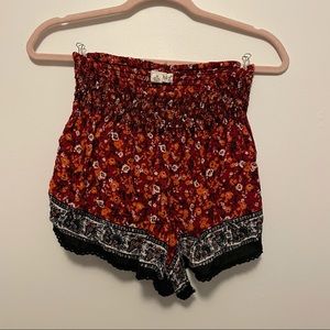 Red and orange floral flowy shorts